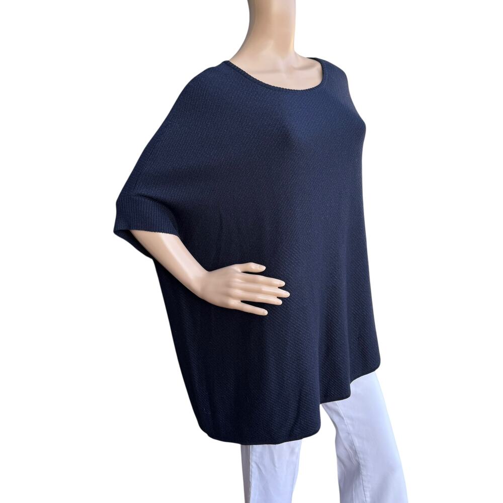 St John Navy Blue Wool Rayon Asymmetrical Tunic Sweater Poncho Top Oversized L